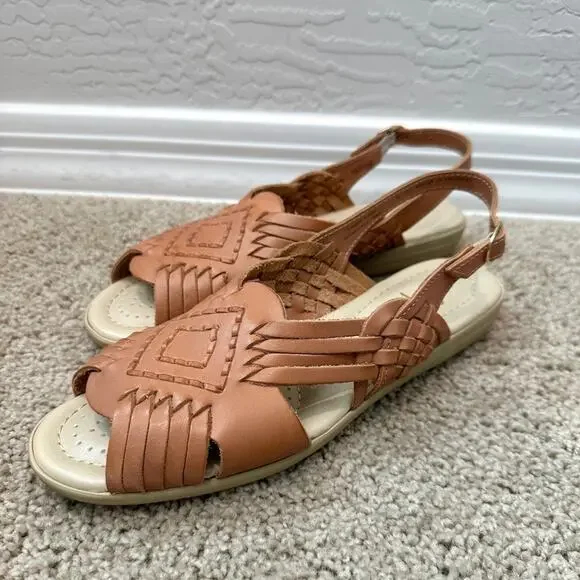 SOFTSPOTS | Leather Slingback Sandals Tan Woven Comfort Flats | Women’s 8N - Picture 3 of 8